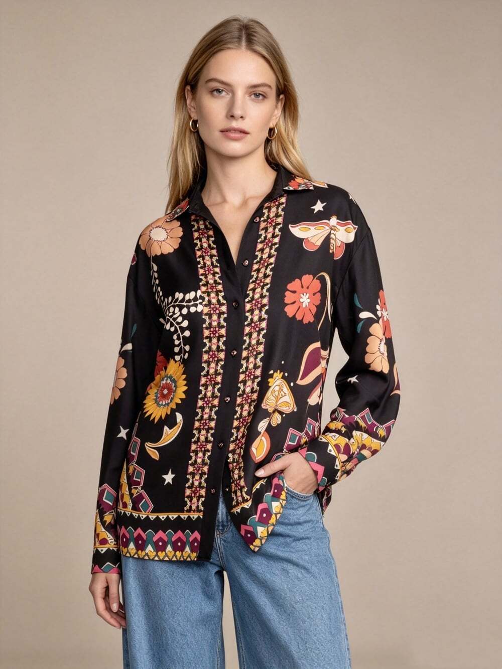 NWT Johnny Was Silk Blend Floral Butterfly Blouse Boho Long Sleeve Shirt Size S